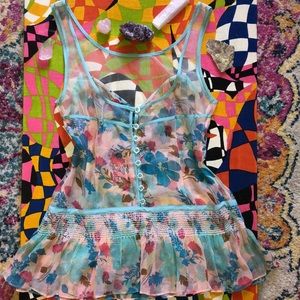Handmade vintage floral ruffled bottom tank top